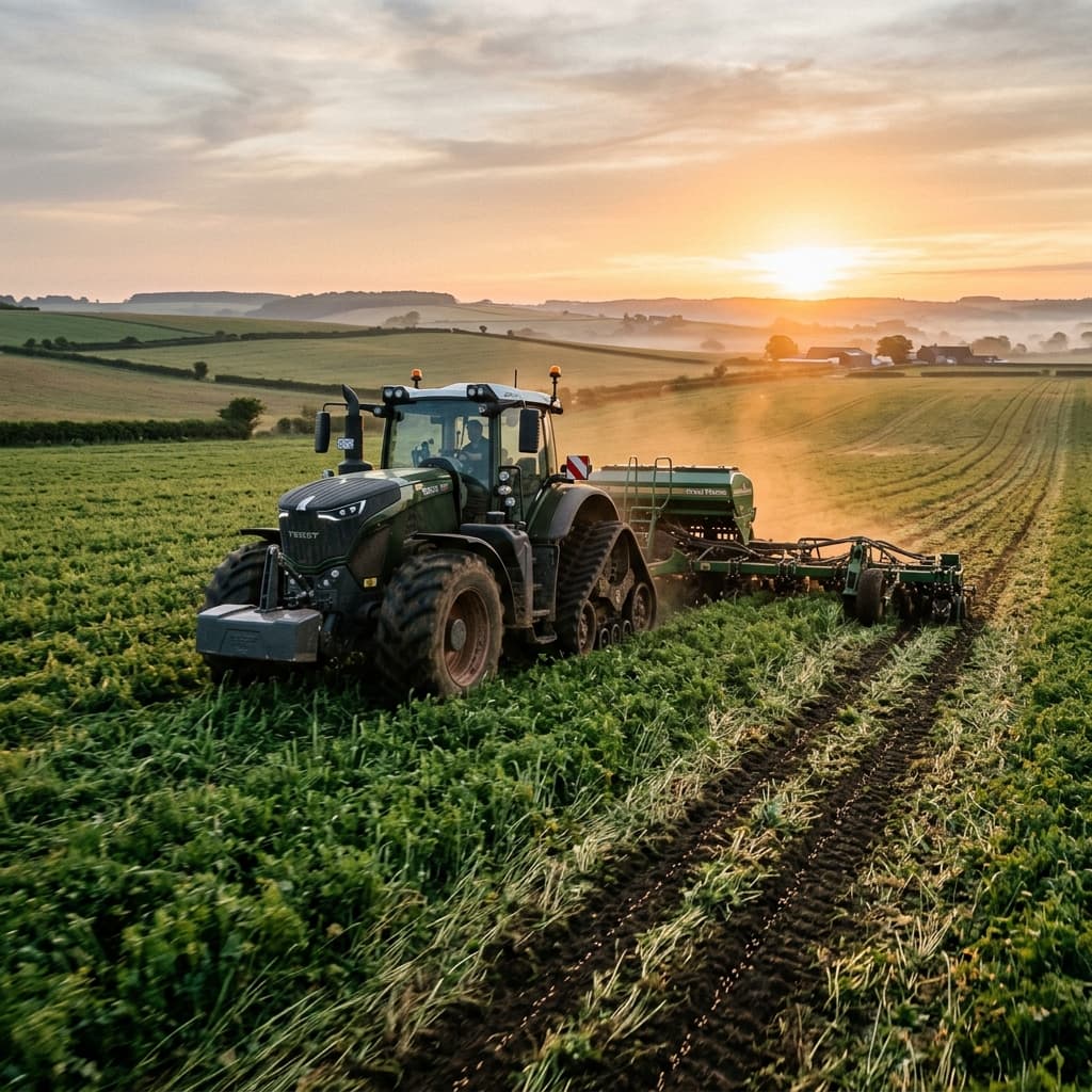 Modern high-tech tractor performing no-till planting in a field with cover crops